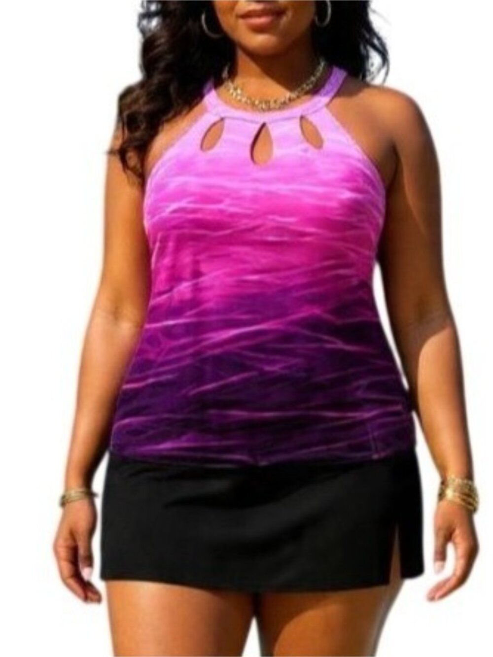 Yonique Plus Size 22W Tankini Skirt Set High Neck Three Keyhole Design Swimsuit